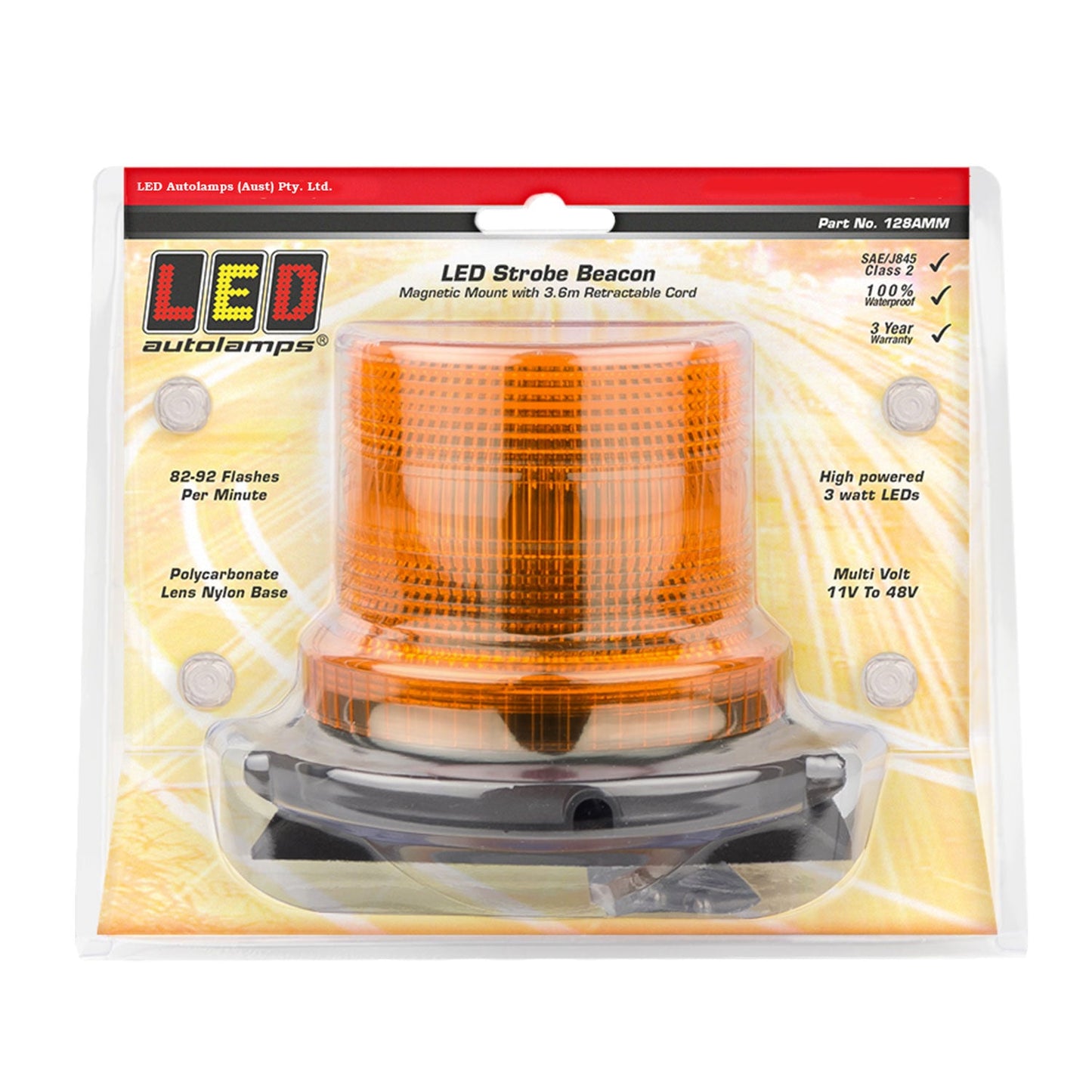 LED Autolamps 128AMM LED Amber Strobe Beacon, Magnetic Mount, IP67