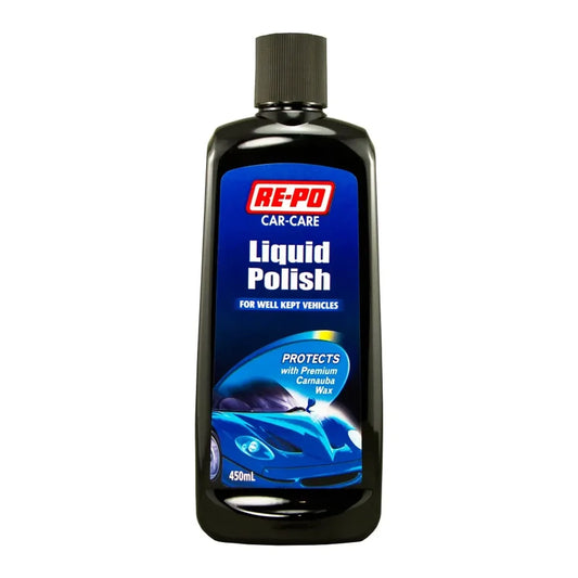 Black bottle of RE-PO Car-Care Liquid Polish on a white background