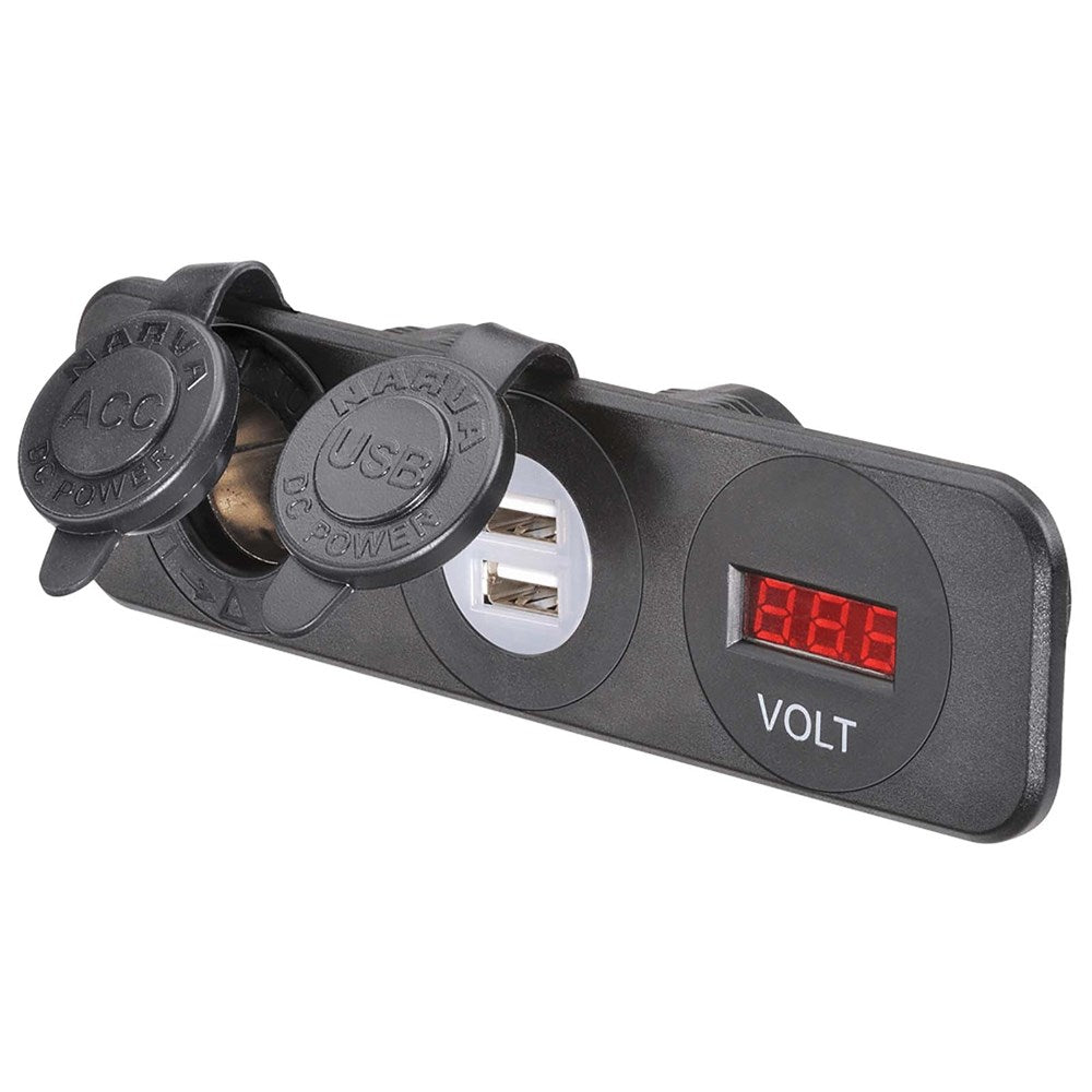 Narva 81181BL Heavy-Duty Accessory/Dual USB Sockets And 12/24V Dc LED Volt Meter