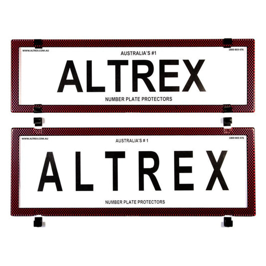 Altrex QLD, ACT, VIC, TAS, SA, WA & NT Slimline Combination Red Carbon Fibre Number Plate Protector Covers - without Lines - 6SERQ