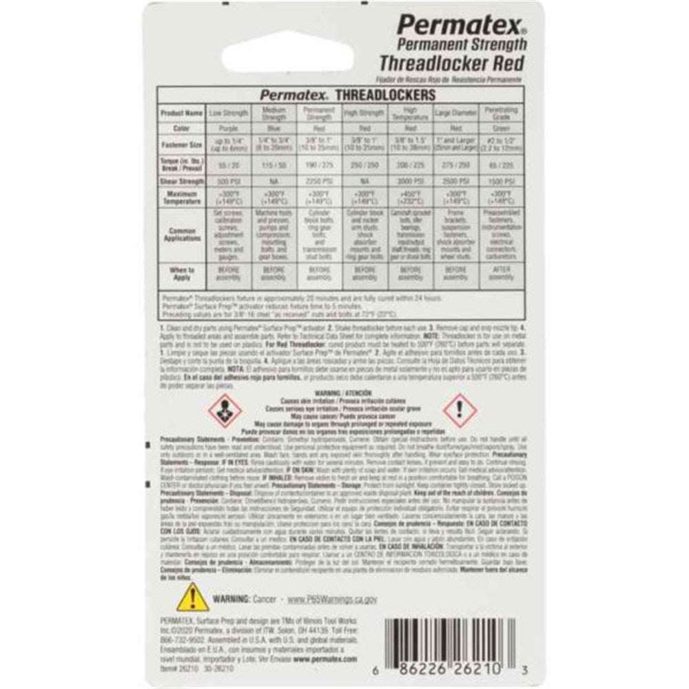 Permatex Permanent Strength Threadlocker Red Carded 10ml - 26210 - PX26210