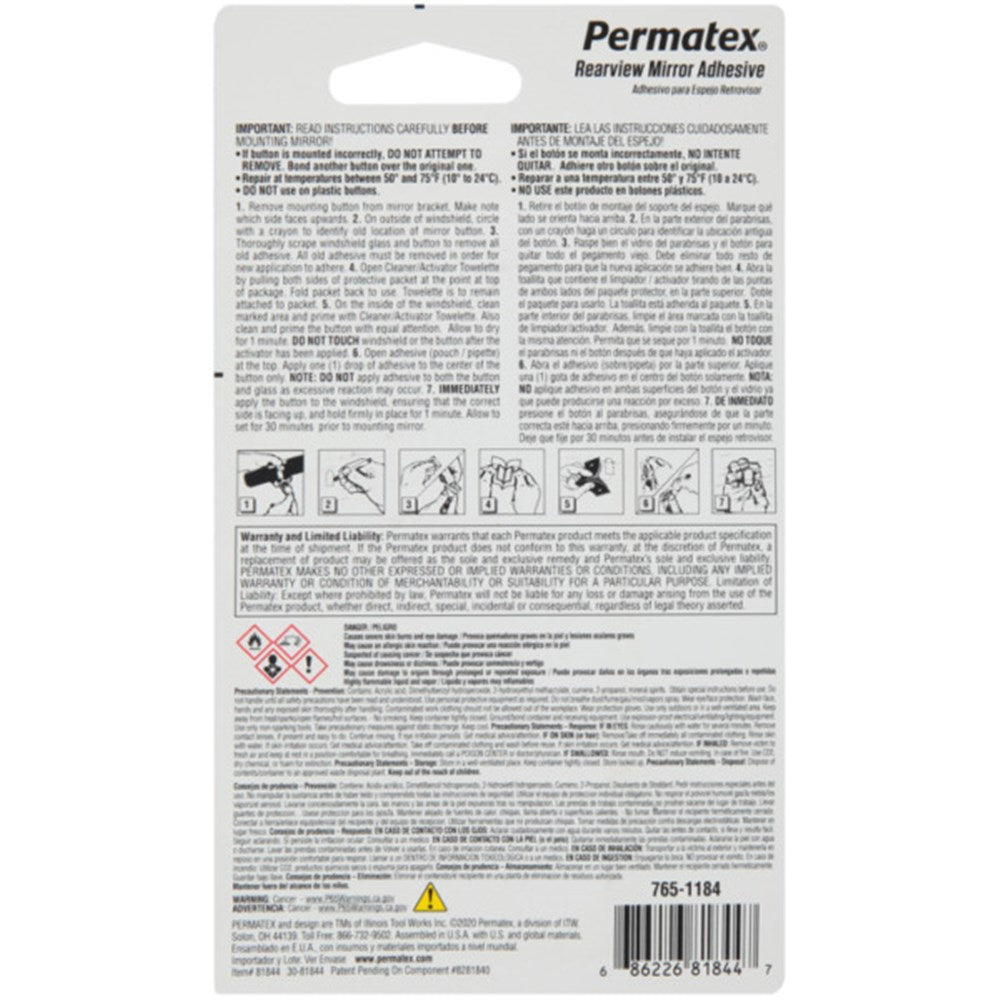 Permatex Rearview Mirror Adhesive 2 Part Kit 0.3+0.6Ml - 81844 - PX81844