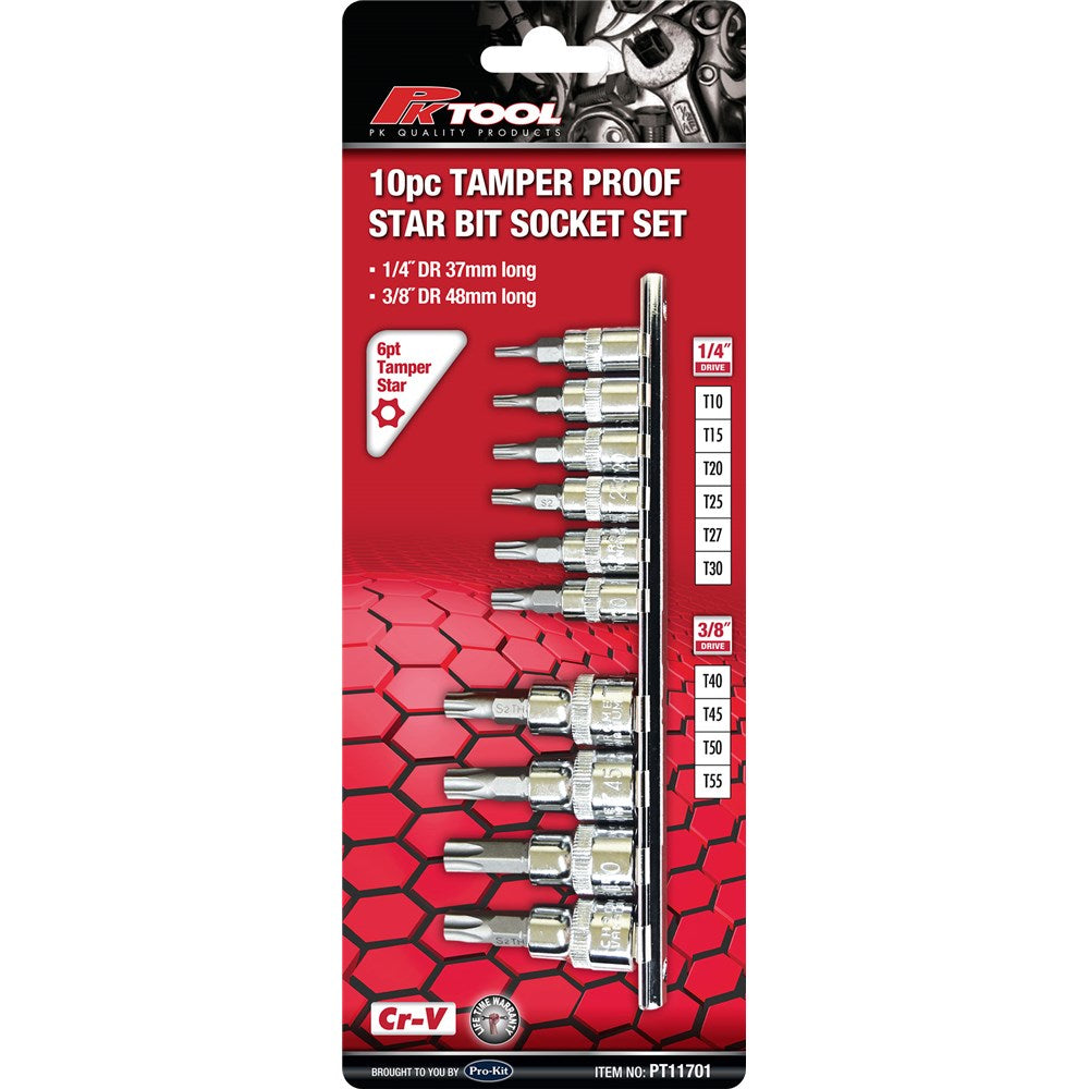 PKTool Cr-V 6Pt Star Socket Set - 10 Piece 1/4” & 3/8” Drive - PT11701