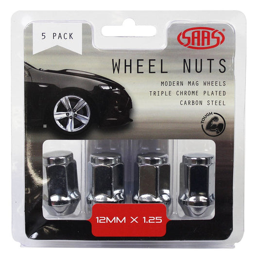 SAAS Set of 5 Wheel Nuts - 35mm Length, Chrome, M12x1.25 Thread, Flat Head Bulge Type - 435955