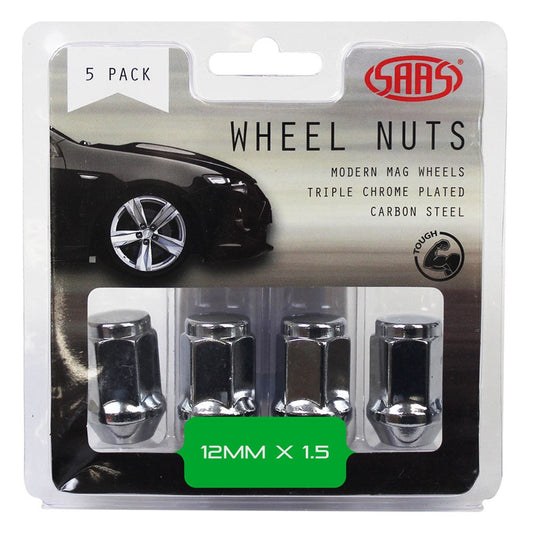 SAAS Set of 5 Wheel Nuts - 35mm Length, Chrome, M12x1.50 Thread, Flat Head Bulge Type - 435965