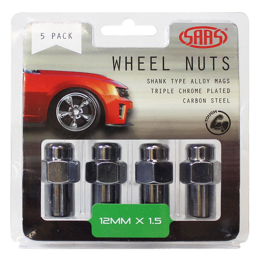 SAAS Set of 5 Wheel Nuts for Shank Type Wheels - 43mm Length, Chrome, M12x1.50 Thread - 743465