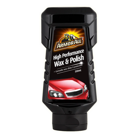 Black bottle of ArmorAll High Performance Wax & Polish showing a red car bonnet on the label