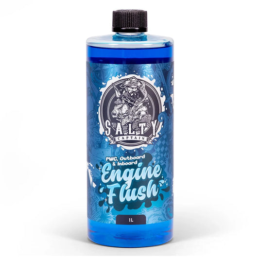 A blue bottle of Salty Captain Engine Flush with product details and branding on the label.