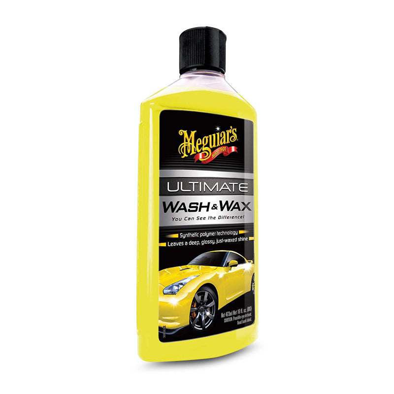 A bottle of Meguiar's Ultimate Wash & Wax with a label showing an image of a yellow car.