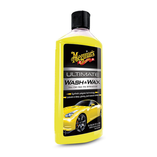 A bottle of Meguiar's Ultimate Wash & Wax with a label showing an image of a yellow car.
