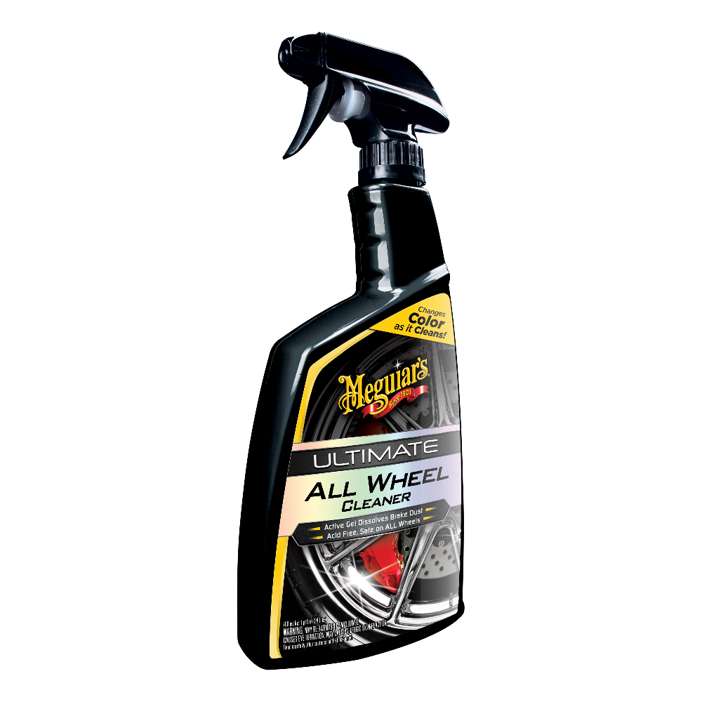 A black spray bottle of Meguiar's Ultimate All Wheel Cleaner against a white background.