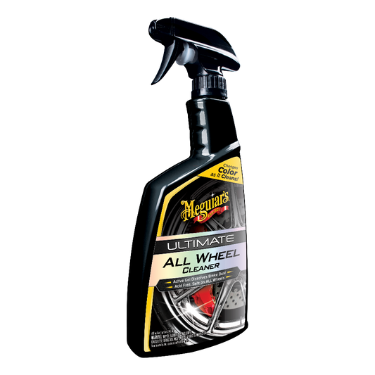 A black spray bottle of Meguiar's Ultimate All Wheel Cleaner against a white background.