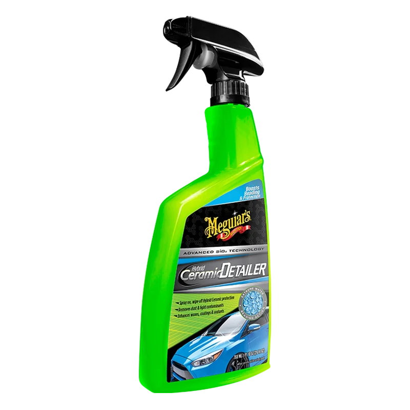 Green spray bottle with black nozzle labeled 'Meguiar's Ceramic Detailer' on a white background