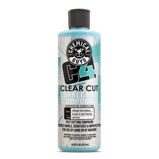 Bottle of Chemical Guys Clear Cut Correction Compound on a white background
