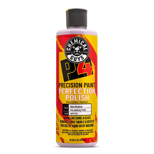 Bottle of Chemical Guys P4 Precision Paint Perfection Polish on a white background