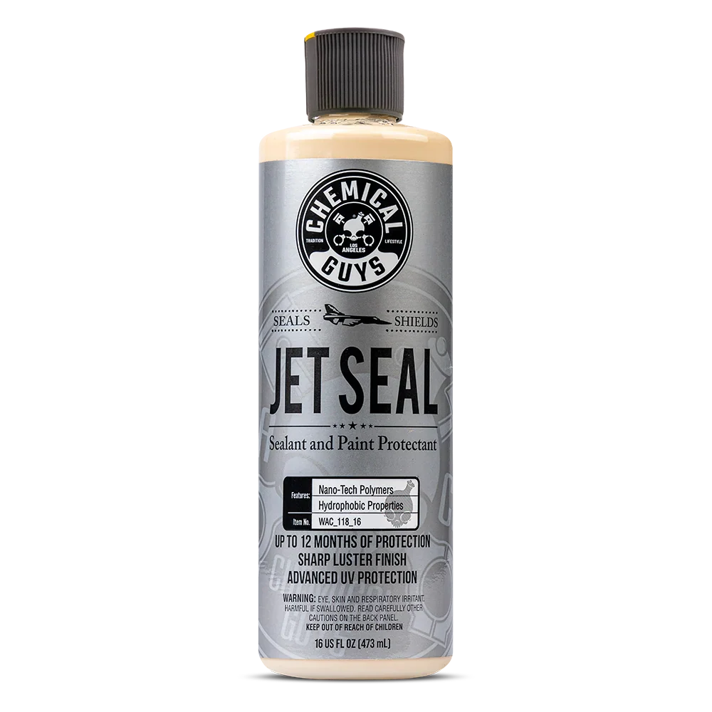 Bottle of Chemical Guys Jet Seal, with a silver label and creamy-coloured liquid. On a white background