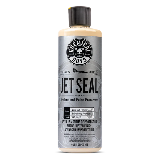 Bottle of Chemical Guys Jet Seal, with a silver label and creamy-coloured liquid. On a white background