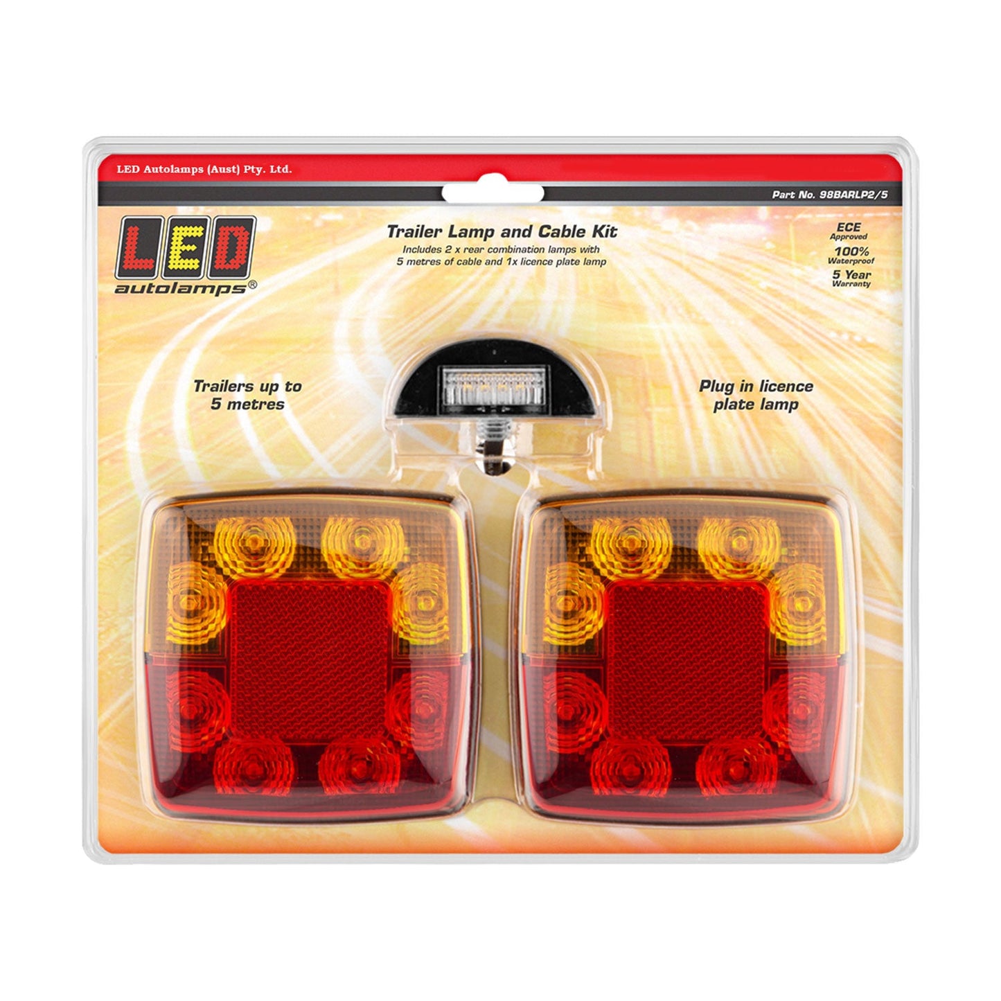 LED Autolamps 98BARLP2/5 5 Metre Small Square LED Trailer Lamp Kit with Reflex Reflector and Licence Plate Lamp - Stop/Tail/Indicator