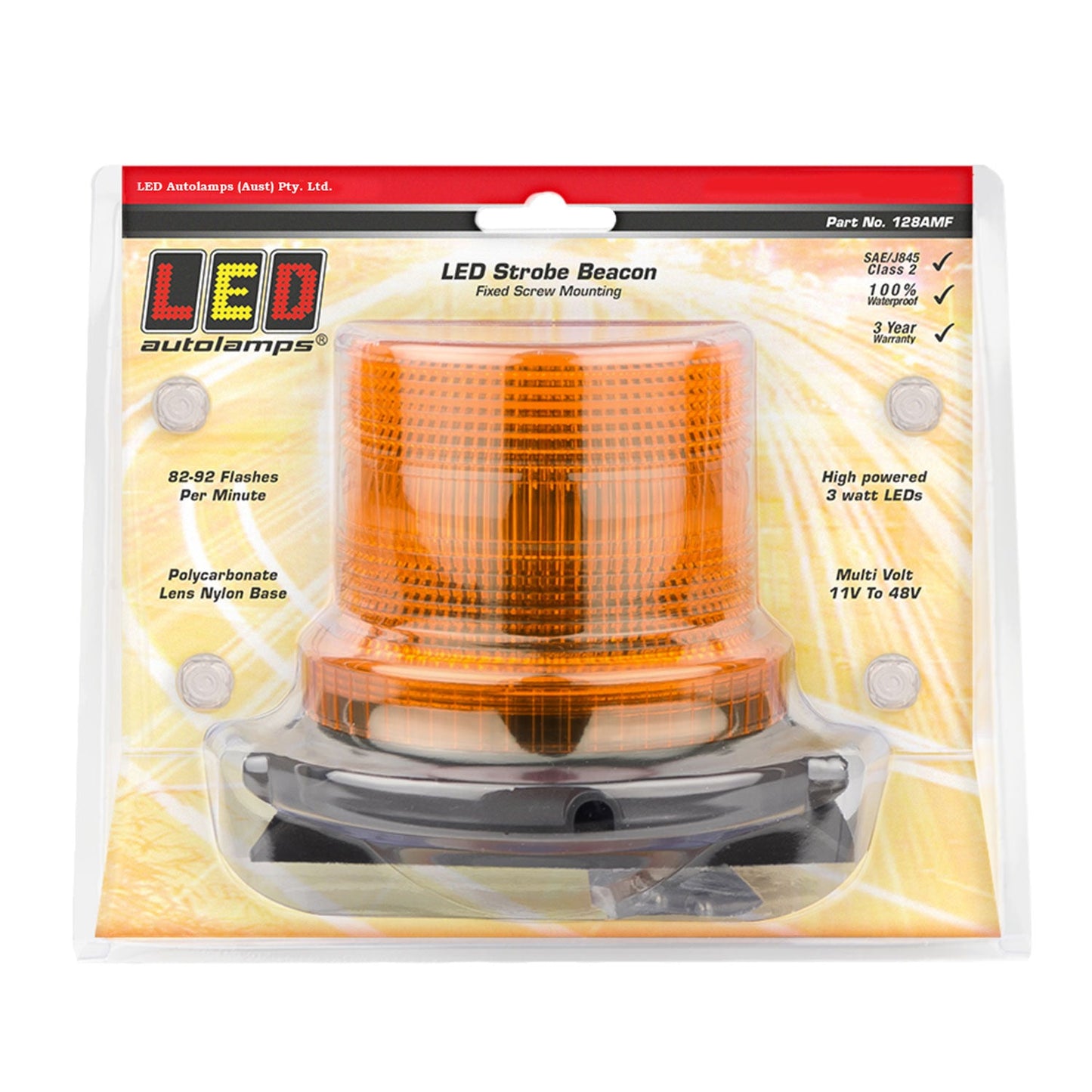 LED Autolamps 128AMF LED Amber Strobe Beacon, Fixed Mount, IP67