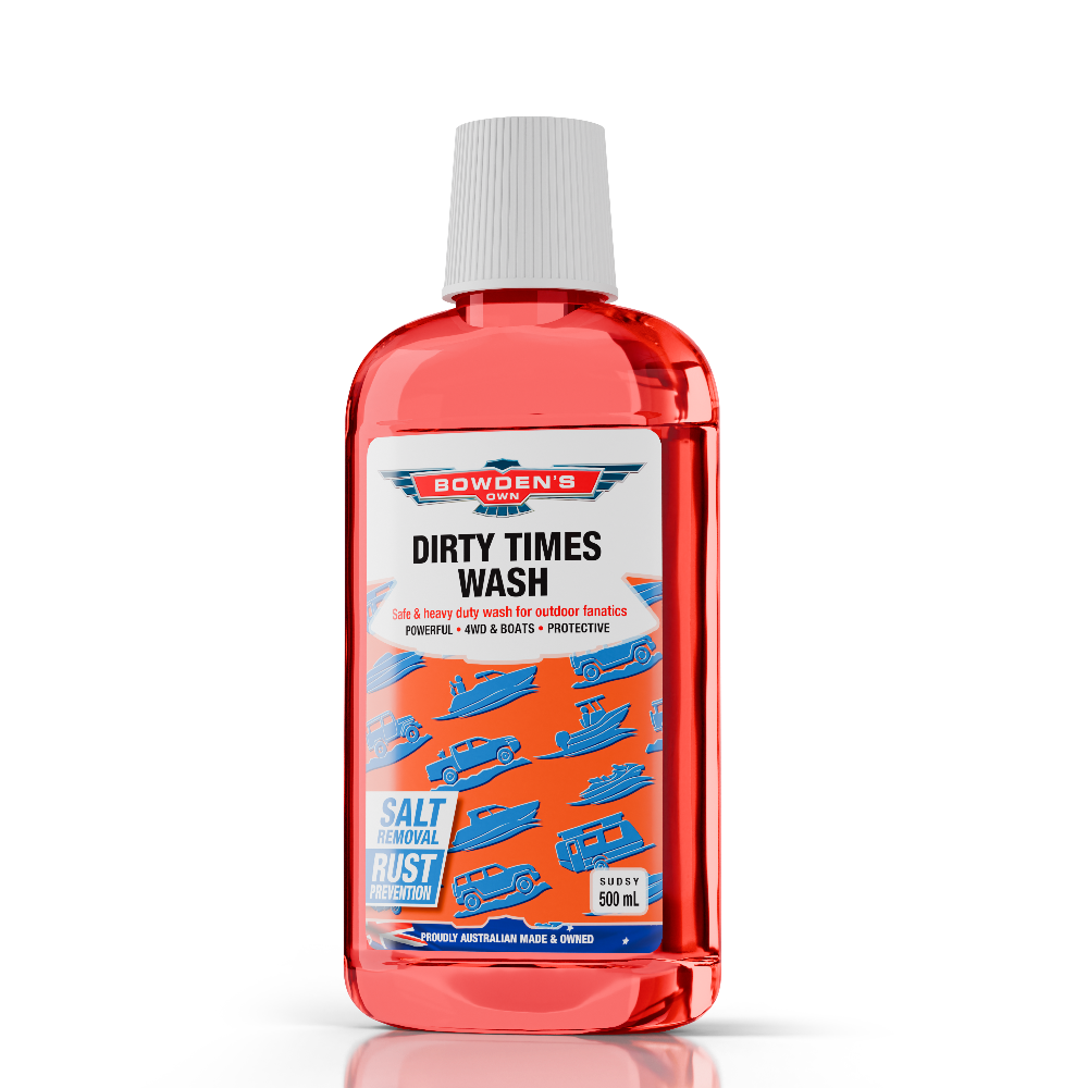 A red bottle of Bowden's Own 500ml Dirty Times Wash with white and blue text detailing the product features.