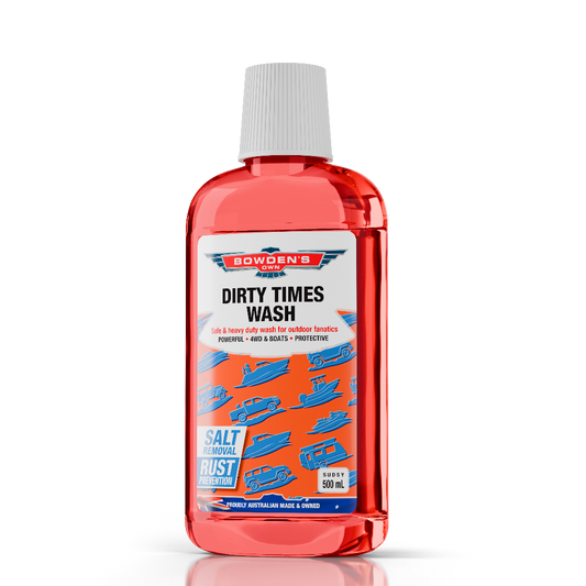 A red bottle of Bowden's Own 500ml Dirty Times Wash with white and blue text detailing the product features.