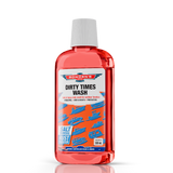 A red bottle of Bowden's Own 500ml Dirty Times Wash with white and blue text detailing the product features.