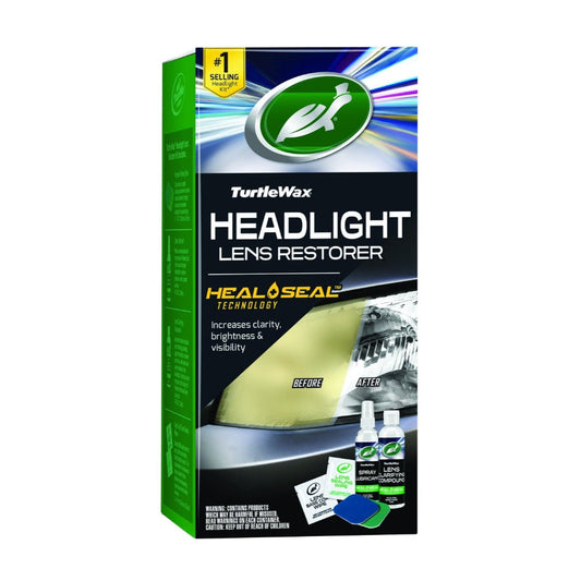 A box of Turtle Wax Headlight Lens Restorer Kit with green and blue packaging, displaying the product name and some information on the use.