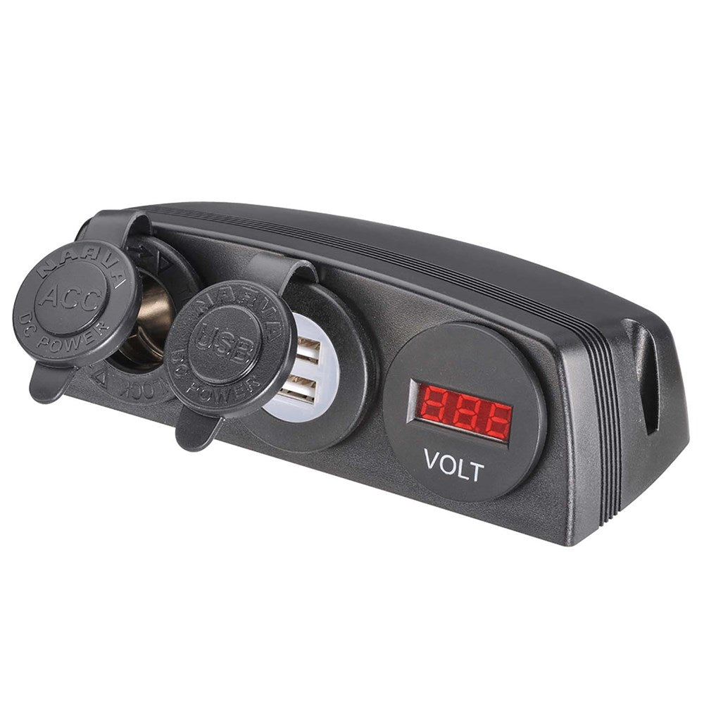 Narva 81191BL Heavy-Duty Surface Mount Accessory/Dual USB Sockets And 12/24V Dc LED Volt Meter
