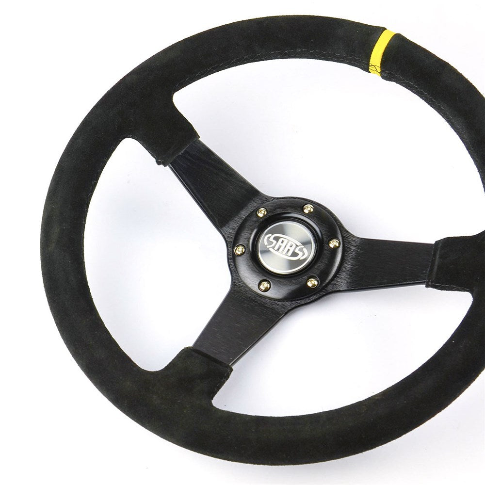 SAAS 14" Drifter ADR Compliant Suede Covered Steering Wheel with Black Brushed Aluminium Spokes and Yellow Centre Stripe - SW1016S