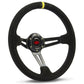 SAAS 14" ADR Compliant Deep Dish Black Suede Covered Steering Wheel with Three Black Slotted Alloy Spokes and Centre Stripe - SWE1