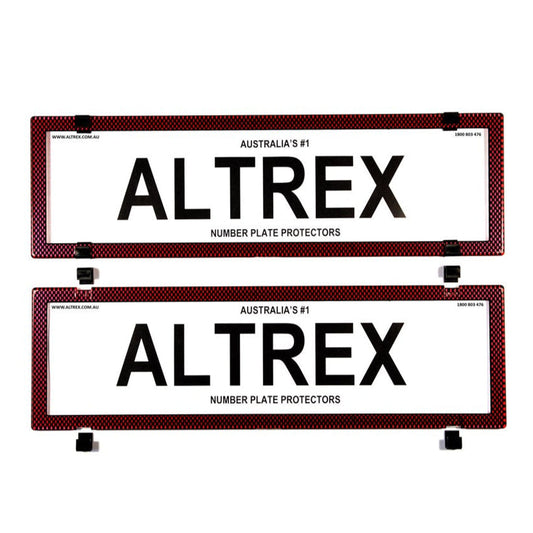 Altrex QLD, VIC, TAS, SA, WA & NT Dual Slimline Red Carbon Fibre Number Plate Protectors - without Lines - 6SERV