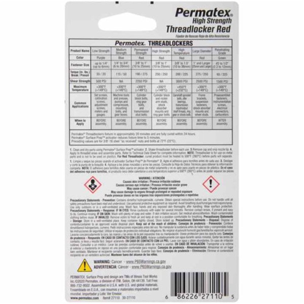 Permatex High Strength Threadlocker Red 10Ml - 27110 - PX27110
