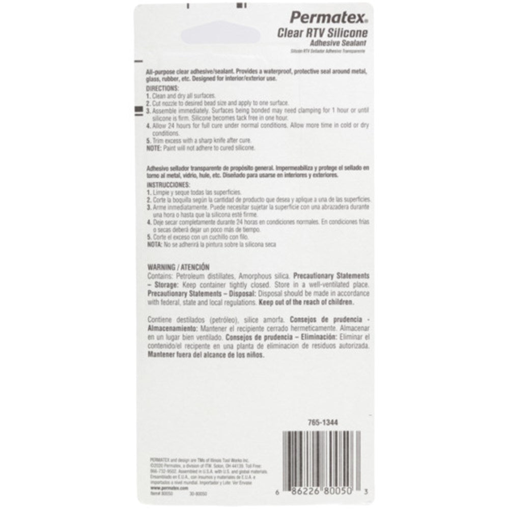 Permatex Clear Rtv Silicone Adhesive Sealant 85G - 80050 - PX80050