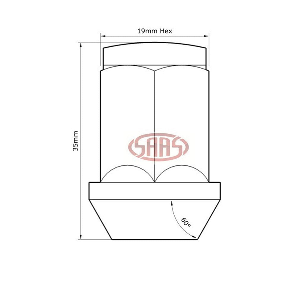 SAAS Set of 5 Wheel Nuts - 35mm Length,  Chrome, M12x1.25 Thread, Flat Head Bulge Type - 435955
