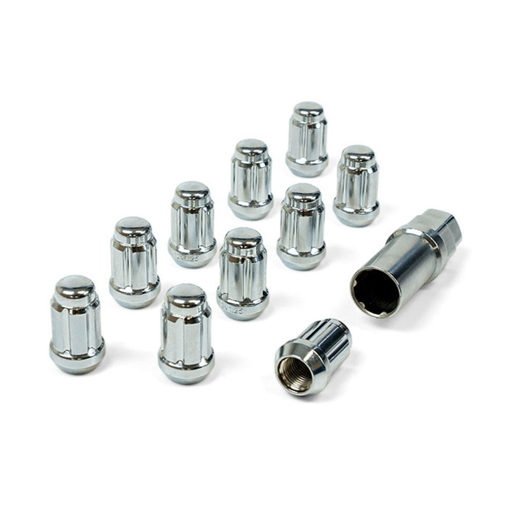 SAAS Set of 10 Small Diameter 6 Spline Wheel Nuts with Key - 35mm Length, Chrome, M12x1.25 Thread. Taper Seat Type - 6330510