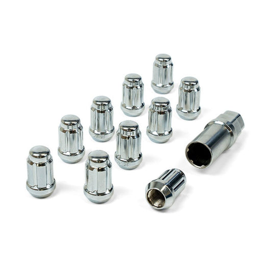 SAAS Set of 10 Small Diameter 6 Spline Wheel Nuts with Key - 35mm Length, Chrome, M12x1.25 Thread. Taper Seat Type - 6330510