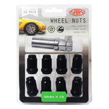 SAAS Set of 10 Small Diameter 6 Spline Wheel Nuts with Key - 35mm Length, Black, M12x1.50 Thread, Taper Seat Type - 6330610BC