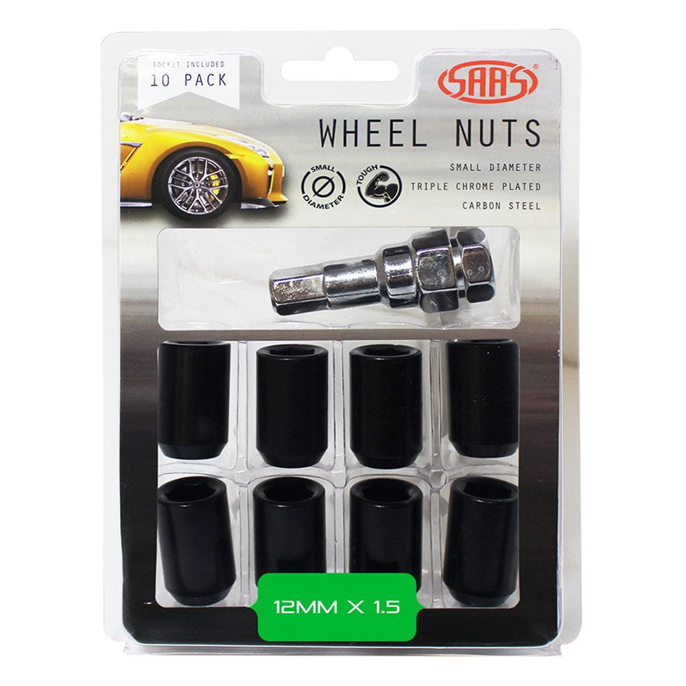 SAAS Set of 10 Small Diameter Internal Hex Wheel Nuts with Key - 33mm Length, Black, M12x1.50 Thread, Taper Seat Type - 8330610BC