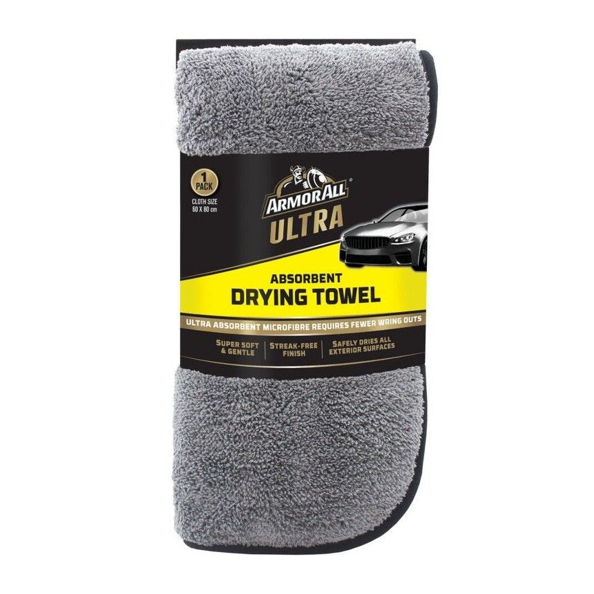 A packaged Armor All Ultra Absorbent Drying Towel with branding and product information displayed on the label.