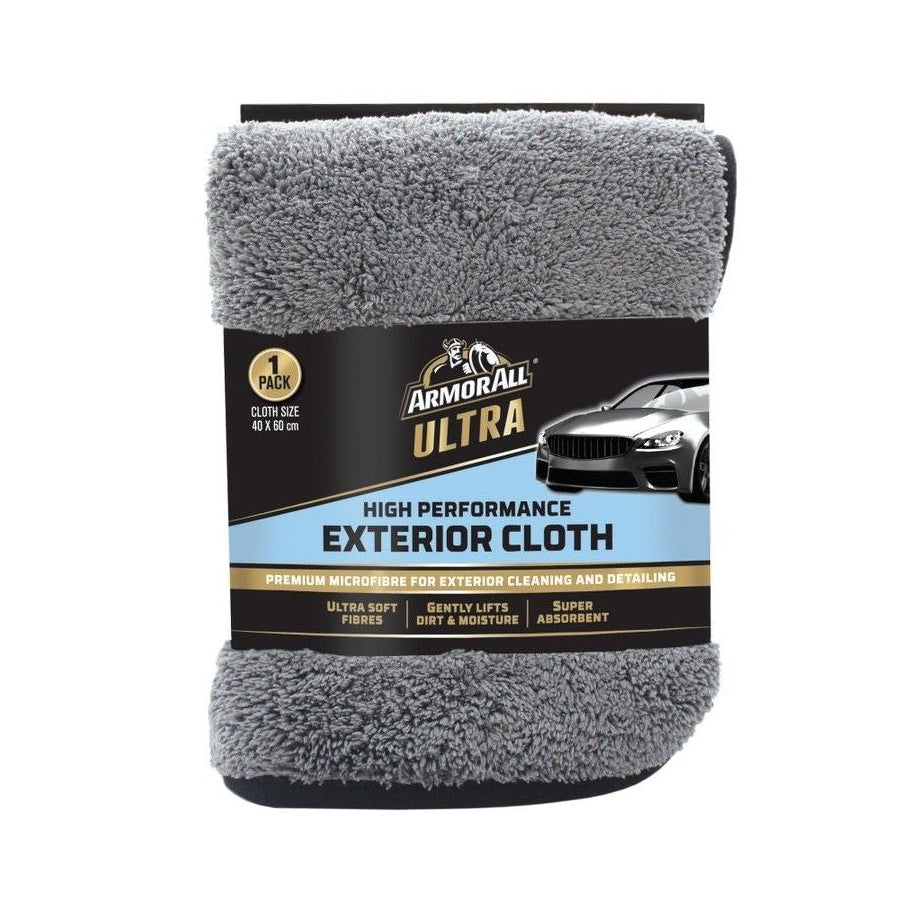 A package of Armor All Ultra High Performance Exterior Cloth, featuring a gray cloth visible through the packaging with a car illustration and product information.