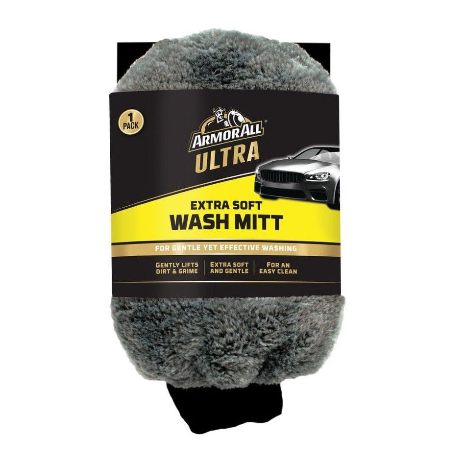 A gray Armor All Ultra Extra Soft Wash Mitt, designed for cleaning vehicles, packaged with product information.