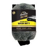 A gray Armor All Ultra Extra Soft Wash Mitt, designed for cleaning vehicles, packaged with product information.