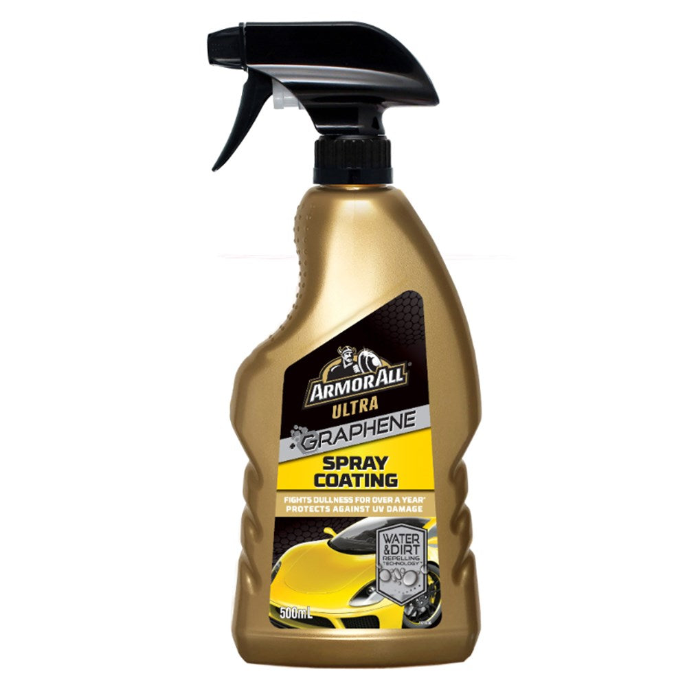 A gold bottle of Armor All Ultra Graphene Spray Coating with a yellow vehicle depicted on the label.