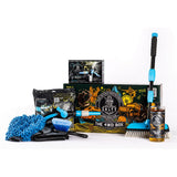 A collection of 4WD cleaning tools including brushes, a wash mitt, a microfibre towel, and a box of Salty Captain brand products.