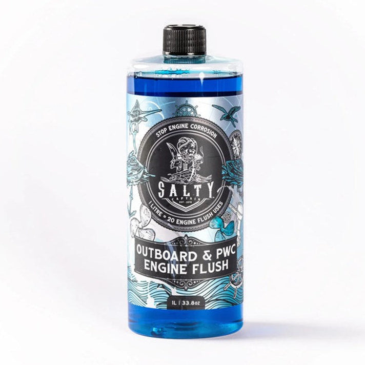 A blue bottle of Salty Captain Engine Flush with label detailing the product as Outboard & PWC Engine Flush, 1L size.