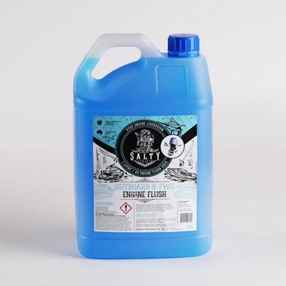 A blue plastic jug labeled 'Salty Captain Engine Flush' with a white label and a logo, indicating it is a corrosion inhibitor for marine engines.