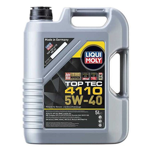 A silver 5-liter bottle of Liqui Moly Top Tec 4110 5W-40 engine oil, featuring black and gray color scheme with product information and logos.