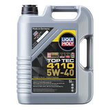 A silver 5-liter bottle of Liqui Moly Top Tec 4110 5W-40 engine oil, featuring black and gray color scheme with product information and logos.
