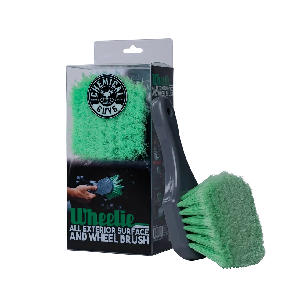 Green wheel brush with packaging displaying 'Chemical Guys' branding on a white background
