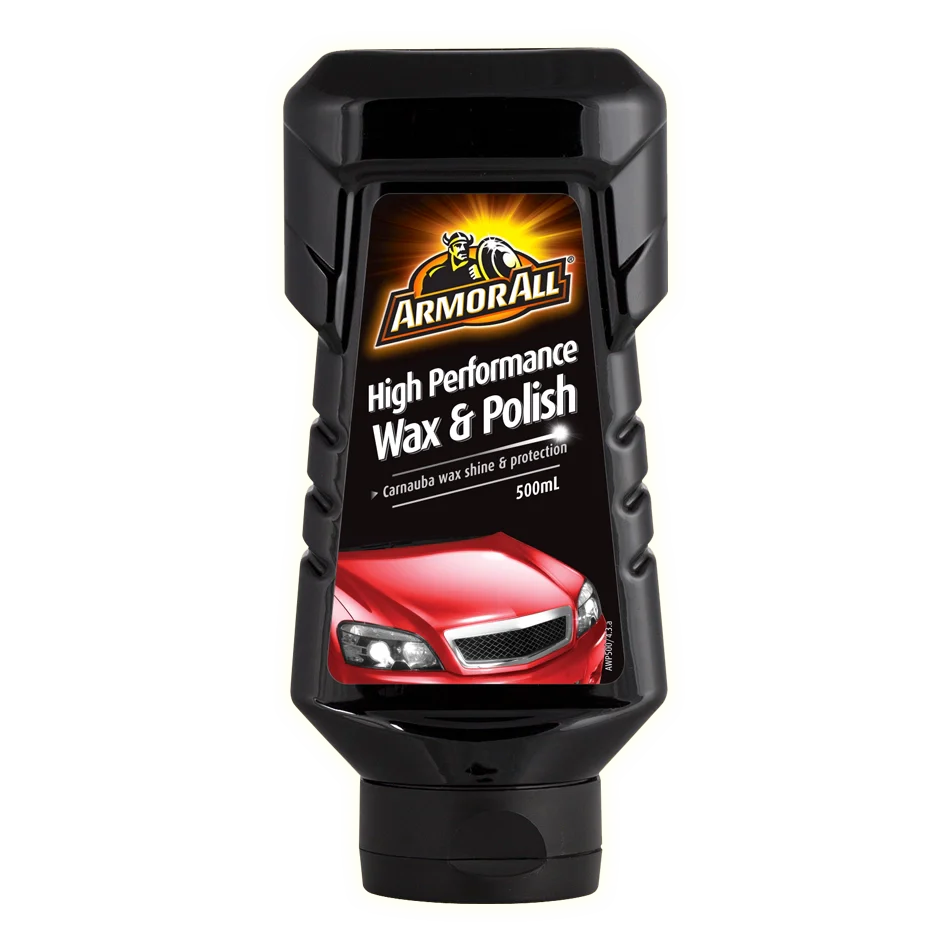 Black bottle of ArmorAll High Performance Wax & Polish showing a red car bonnet on the label
